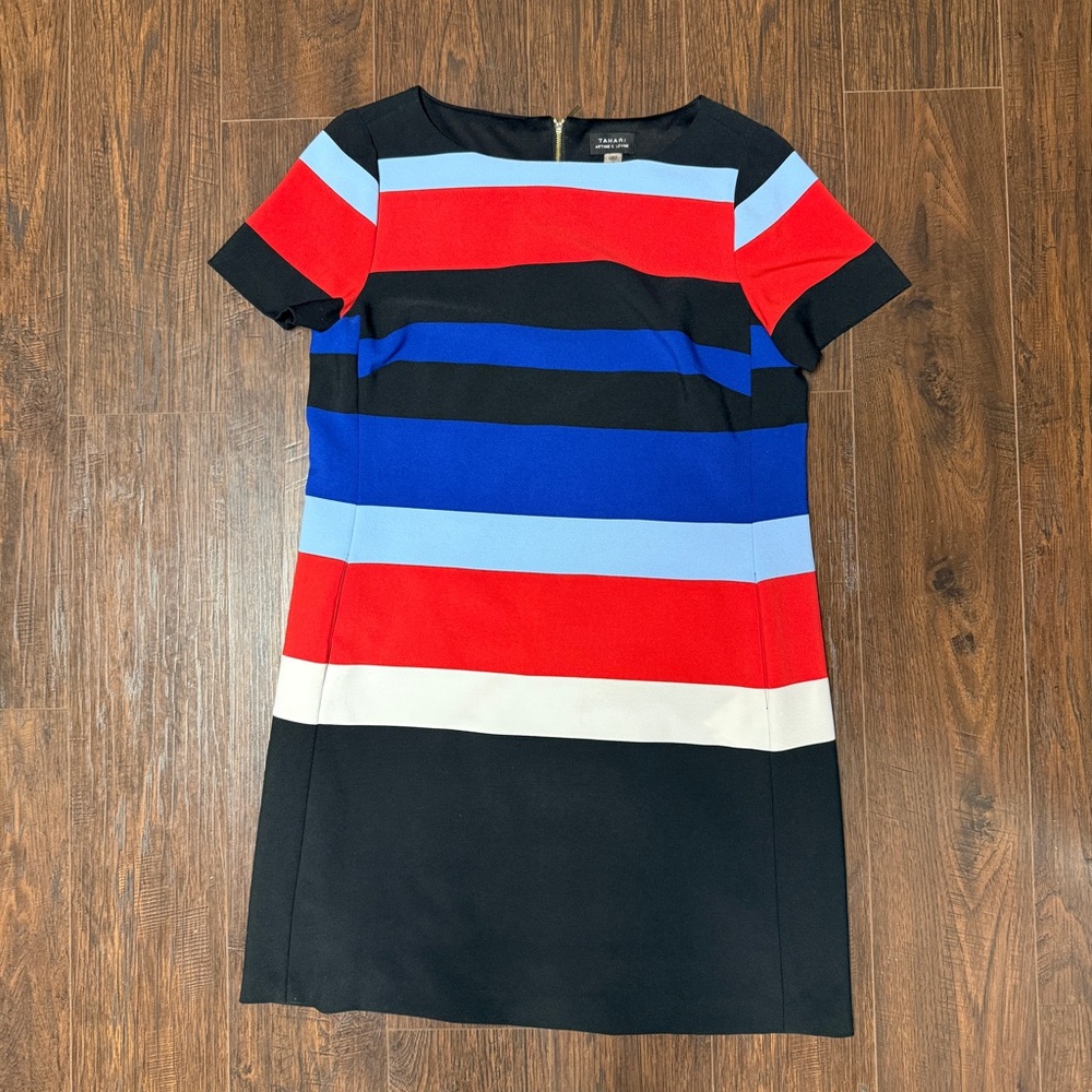 TAHARI COLOR BLOCK STRIPED LINED DRESS BLACK BLUE RED WHITE